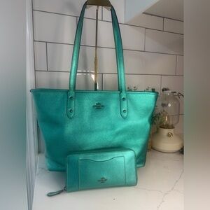 Authentic Coach Metallic Sea Green City Tote & matching Wallet